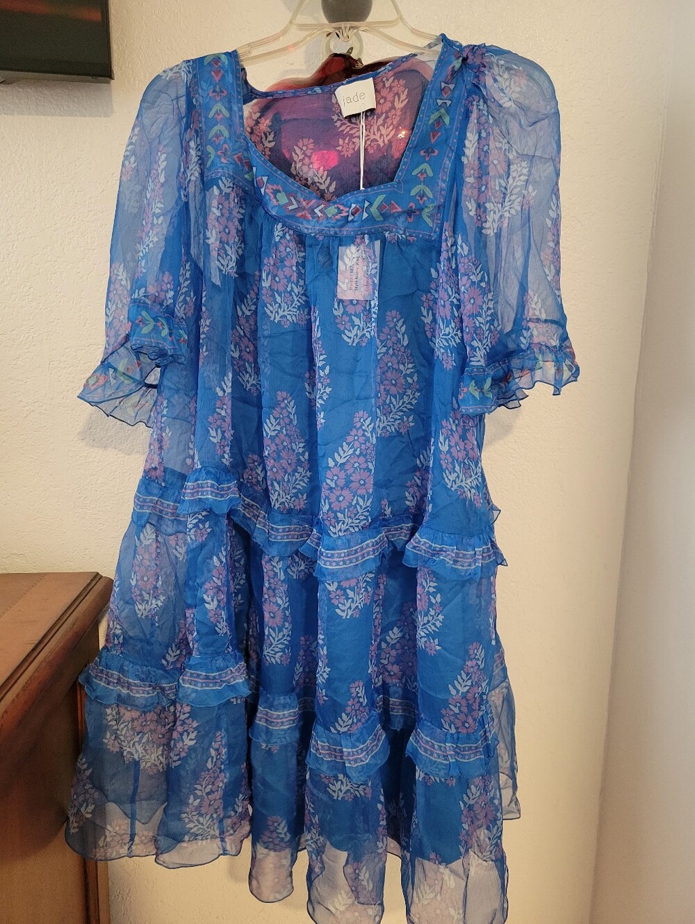 Jade  Blue Pink Floral Chiffon A-Line Dress Square Neck Ruffle Lined Knee